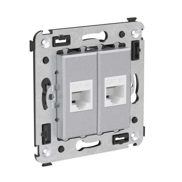 Компьютерная розетка RJ-45 без шторки в стену, кат.5е двойная, "Avanti", "Закаленная сталь" DKC Компьютерная розетка RJ-45 без шторки в стену, кат.5е двойная, "Avanti", "Закаленная сталь" DKC