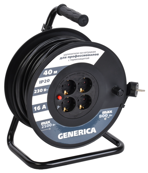 Катушка УК40 с термозащитой 4 места 2P+PE/40м 3х1,5мм2 GENERICA