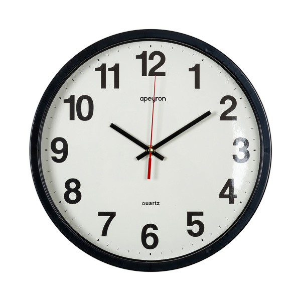 PL200908 Часы настенные, круглые, цвет корпуса черный, пластик, Ø30см, источник питания 1 батарейка АА(в комплект не входит), бесшумный, пл... APEYRON