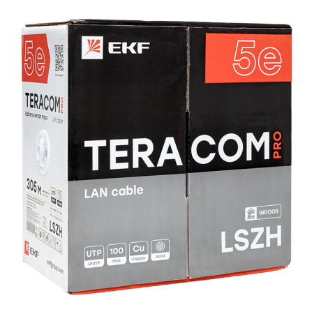 Кабель витая пара TERACOM PRO Cat,5E U/UTP 4 пары solid 24AWG оболочка LSZH нг(А)-HF цвет серый (упак, 305м) EKF