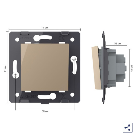 Одноклавишный проходной механический выключатель, цвет золотой (механизм) Livolo