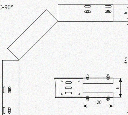 Лоток перфорированный КС 250х80-90 УТ1,5 для поворота трассы вниз на 90, оцинкованный лист S1,5