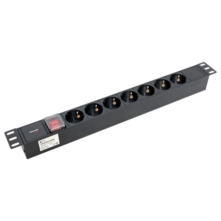 Блок розеток PDU TERACOM PRO 19" 1U 10А/250В 7 розеток Schuko с выключателем без шнура питания входной разъем C14 корпус алюминий черный EKF