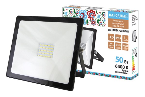 Прожектор светодиодный СДО-04-050Н 50 Вт, 6500 К, IP65, черный, Народный TDM