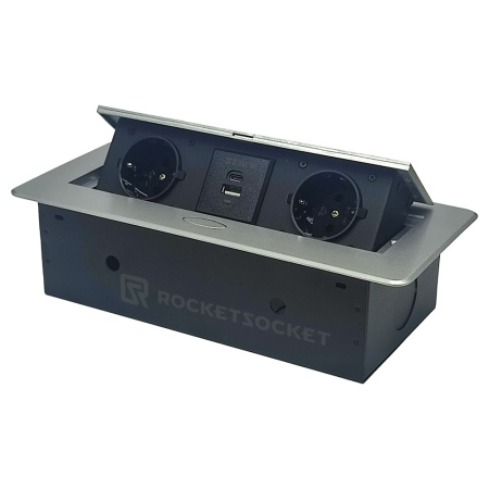Розетка горизонтальная выдвижная 2 Euro 16A, USB type A+C с блоком 18W RocketSocket, цвет серый