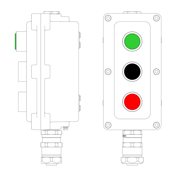Взрывозащ. пост упр. из алюминия LCSD-03-B-MB-L1G(220)x1-P1B(11)x1-P1R(11)x1-PBMB-KAEPM2MHK-20 1Ex d IIB T5 Gb Ex tb IIIC T95°С Db IP66