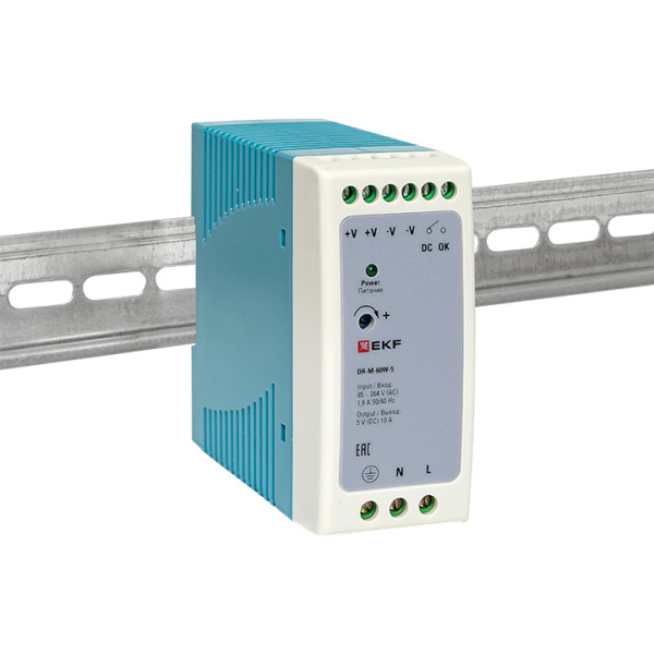 Блок питания на DIN рейку 60Вт, Uвх ~ 260 В AC m, Uвых - 5 В DC постоянного тока EKF
