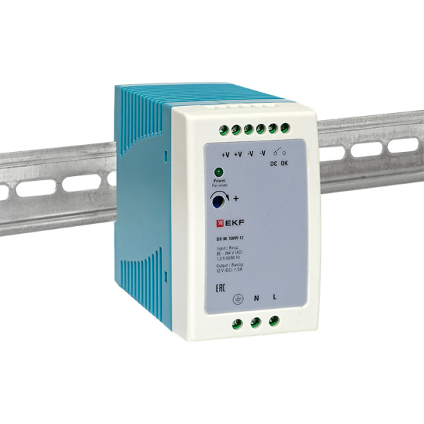 Блок питания на DIN рейку 100Вт, Uвх ~ 220 В AC m, Uвых - 12 В DC постоянного тока EKF
