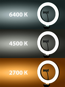 Лампа кольцевая светодиодная 26 см, 12 Вт, 2700-6400 К, штатив наст., диммер, USB, TDM