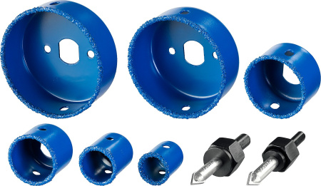 Набор коронок-чашек "Профессионал" c карбид-вольфрамовым нанесением, 6 коронок-чашек d 22, 28, 35, 44, 68, 73 мм, 2 державки со сверлами, ключ ЗУБР