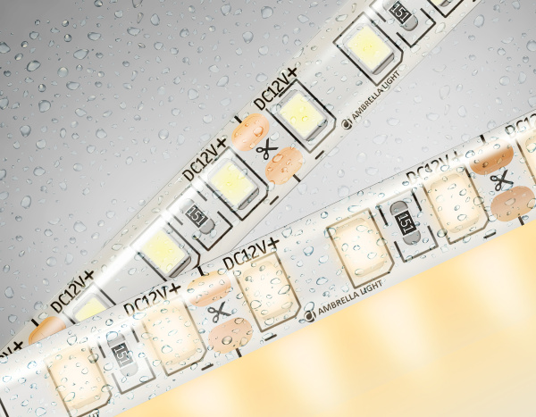 Светодиодная лента GS1201 2835 120Led/ 9.6W m/ 12V IP65 3000K/ 5000*8*2.27mm/ кратность резки 25mm (2 конт.) Ambrella Light
