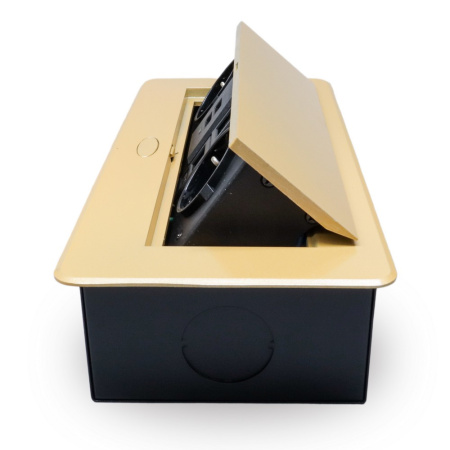 Розетка горизонтальная выдвижная 2 Euro 16А, 2 USB A с блоком 5В/2.1А, 2 RJ45 RocketSocket, проводка, цвет золотой