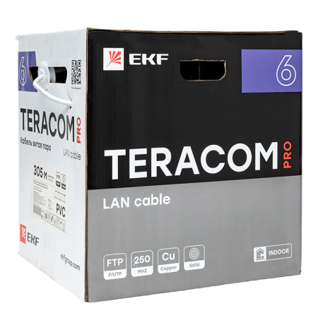 Кабель витая пара TERACOM PRO CAT,6 F/UTP 4 пары solid 23AWG оболочка PVC цвет серый (упак, 305м) EKF