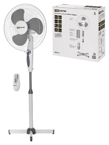 Вентилятор напол, ВП-03 "Тайфун" H 1,25 м, D40 см, 40 Вт, 230 В, пульт ДУ, таймер, серый TDM