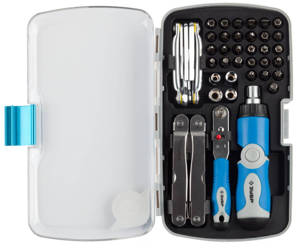 ПРОФИ универсальный набор инструмента 53 предм.: мультитул, имбусовые ключи, трещотка, реверсивно-рычажная отвертка ЗУБР