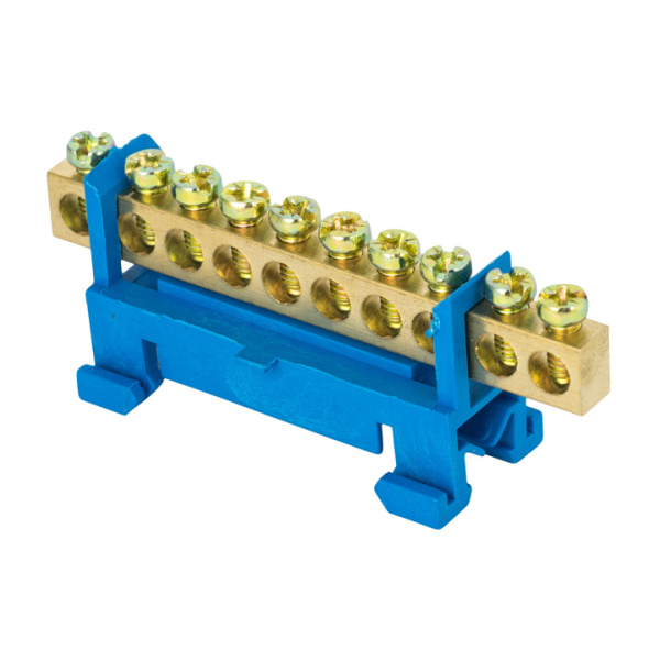 Шина "0" N (6х9мм) 10 отверстий латунь синий изолятор тип "Стойка" на DIN-рейку розничный стикер PROxima EKF