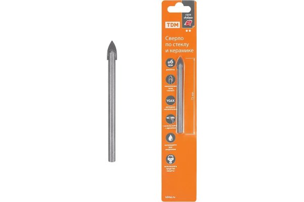 Сверло по стеклу и керамике 6×75 мм, 2 реж., лезвия, цилиндр. хв., блистер 1 шт, "Рубин" TDM