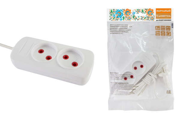 Удлинитель народный  УН2  2 гнезда, 10метров, б/з, ШВВП 2х0,75 мм2  6А/250В TDM