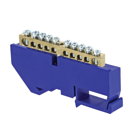 Шина "0" N (6х9мм) 10 отверстий латунь синий изолятор на DIN-рейку PROxima EKF