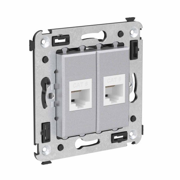 Компьютерная розетка RJ-45 без шторки в стену, кат.6 двойная, "Avanti", "Закаленная сталь" DKC