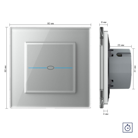 Сенсорный выключатель с таймером Quadro 1 клавиша 1 модуль Серый Livolo