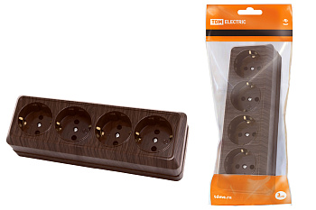 Розетка 4-х местная горизонтальная 2П+3 открытой установки IP20 16A бук "Ладога" TDM Розетка 4-х местная горизонтальная 2П+3 открытой установки IP20 16A бук "Ладога" TDM