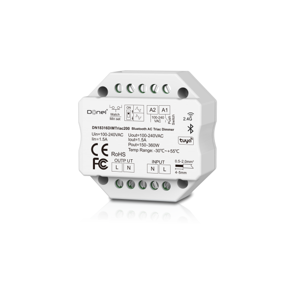 Donel Triac Диммер BT+RF+Push, AC 230В 1 канал.1.5А, макс.мощность LED 200Вт, Push-Dim, серия:DDIM