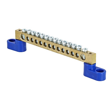 Шина "0" N (6х9мм) 14 отверстий латунь 2 синих угловых изолятора розничный стикер PROxima EKF