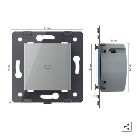 Одноклавишный проходной сенсорный выключатель Quadro, цвет серый (механизм) Livolo