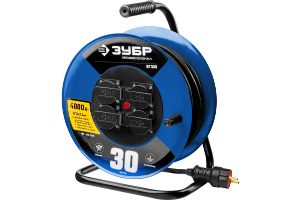 Силовой удлинитель на стальной катушке КГ 3х2.5 30м 4000Вт IP44, КГ 325 ЗУБР