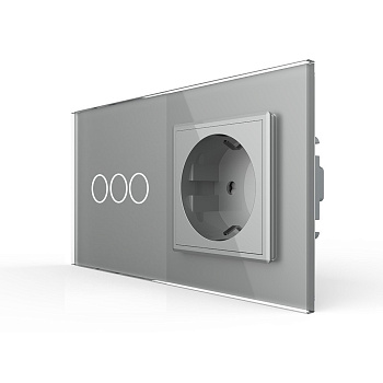 Трехклавишный сенсорный выключатель с розеткой 2 поста, цвет серый Livolo