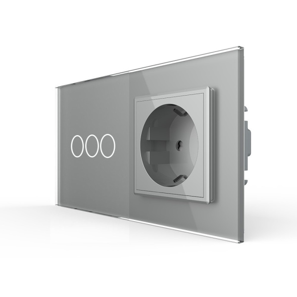 Трехклавишный сенсорный выключатель с розеткой 2 поста, цвет серый Livolo