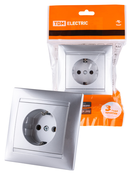 Розетка 2П+З 16А 250В серебр. металлик "Лама" TDM Розетка 2П+З 16А 250В серебр. металлик "Лама" TDM