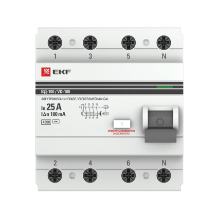 Устройство защитного отключения ВД-100 УЗО 4П 25А (электромеханическое) 4,5кА 100мА PROxima EKF
