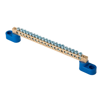 Шина "0" N (6х9мм) 20 отверстий латунь 2 синих угловых изолятора PROxima EKF