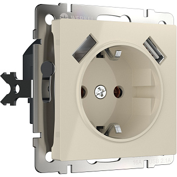 Розетка с заземлением, шторками и USBх2 (слоновая кость) СУ IP20 Werkel