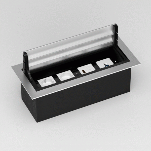 Donel Настольный встраиваемый розеточный блок с откидной крышкой 8 мод. (4 мод. 45х45), алюминий