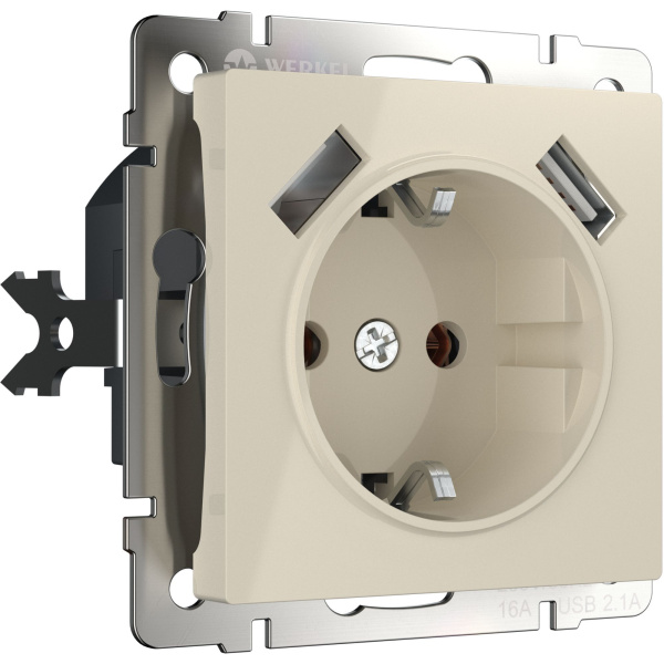 Розетка с заземлением, шторками и USBх2 (слоновая кость) СУ IP20 Werkel