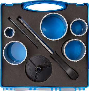 Набор Коронки "ЭКСПЕРТ" с карбид-вольфрамовой крошкой, 33, 53, 67, 73, 83мм, 8 предметов ЗУБР