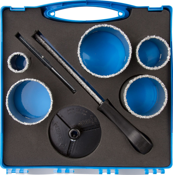 Набор Коронки "ЭКСПЕРТ" с карбид-вольфрамовой крошкой, 33, 53, 67, 73, 83мм, 8 предметов ЗУБР