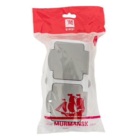 Мурманск Розетка 2-местная 16А с заземлением с крышкой IP54 серый с защитными шторками EKF