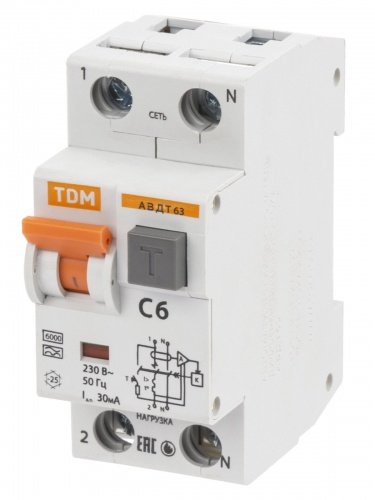 Дифференциальный автоматический выключатель АВДТ 63 2П (1П+N) 6А С 30мА 6кА тип А TDM фото 2