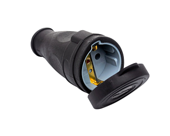 Гнездо с з/к 16А Альфа (каучук) с крышкой черное (50/200)