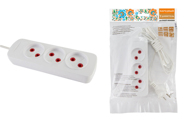 Удлинитель народный  УН3  3 гнезда, 10метров, б/з, ШВВП 2х0,75 мм2  6А/250В TDM