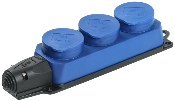 Розетка (колодка) 3-местная РБ33-1-0м с защитными крышками IP44 ОМЕГА синяя IEK