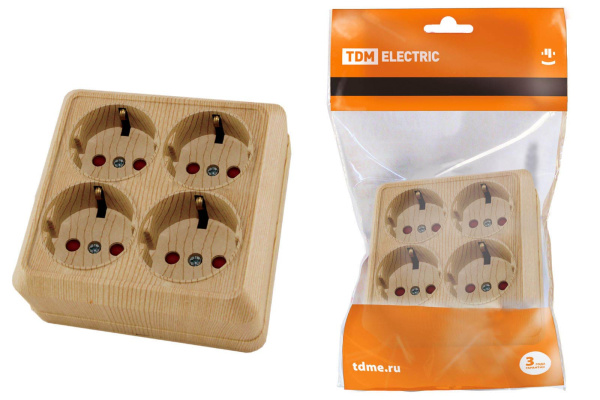Розетка четырехместная 2П+3 открытой установки IP20 16A с защитными шторками сосна "Ладога" TDM Розетка четырехместная 2П+3 открытой установки IP20 16A с защитными шторками сосна "Ладога" TDM