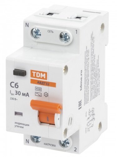Дифференциальный автоматический выключатель АВДТ 32 2П (1П+N) 6А С 30мА 4,5кА тип АС TDM фото 3
