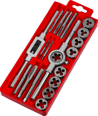 20 предметов, набор метчиков и плашек в пластиковом боксе, сталь 9ХС ЗУБР