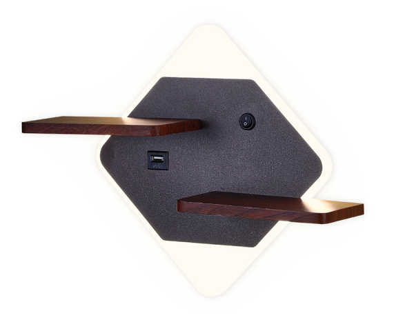 Настенный светодиодный светильник с выключателем, USB и полкой FW101 CF/WD кофе/дерево LED 3000K/4200K/6400K 12W 340*250*105 Ambrella Light