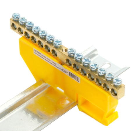 Шина "PE" на изоляторе STEKKER 6*9 на DIN-рейку 14 выводов, желтый, LD555-69-14